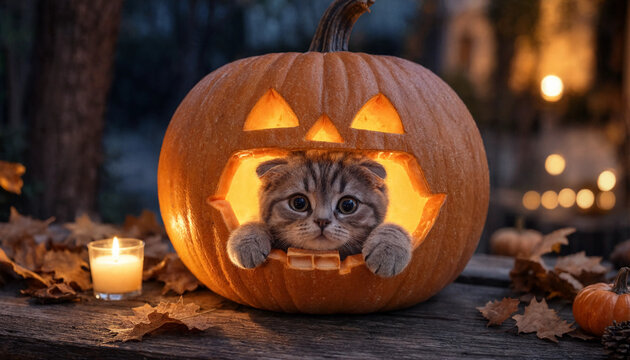 Cute kitten peeking out from carved Halloween pumpkin with lit candles transparent background