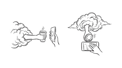 Obraz premium Top and Side View Hand Reaching from Cloud to Phone Screen Vector Silhouette Set