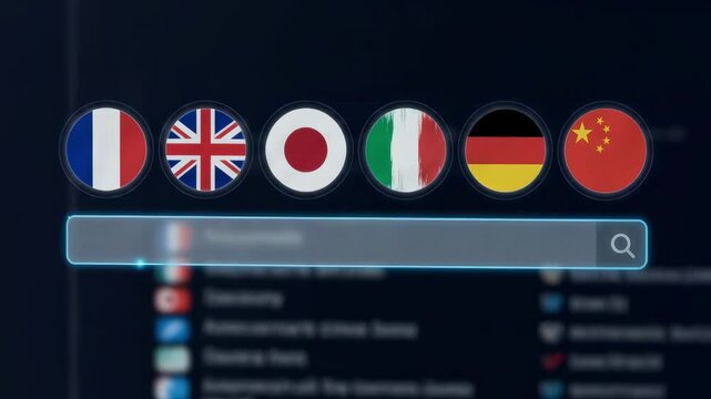 Medium shot of a language selector presented as clickable flags above the search bar highlighting the vibrant icons sharply against the outoffocus search results below.