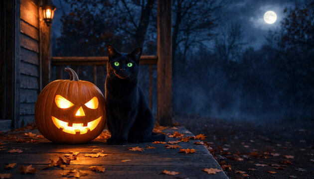 Black Cat Sitting Beside Lit Halloween Pumpkin Under Moonlight transparent background