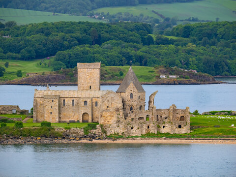 Remains of the historic Inchcolm Abbey on the island of Inchcolm in the Firth of Forth in Scotland.