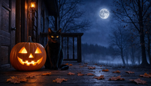 Black Cat Sitting Beside Lit Jack O Lantern On Porch At Night transparent background