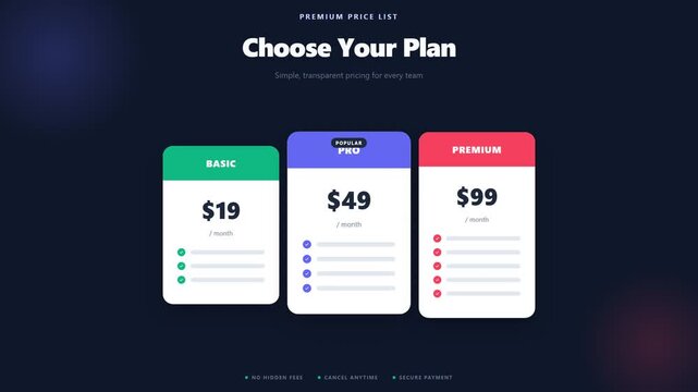 Web interface animation showing subscription pricing plan cards
