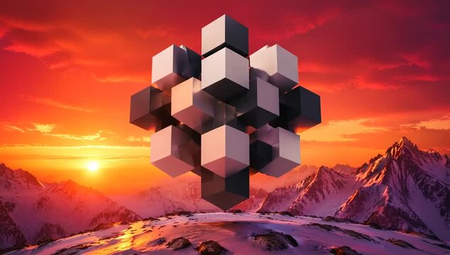 Seamless looping abstract cube cluster sculpture floating above snowy mountain sunset landscape, geometric 3d render with black white gray dramatic light and vivid sky