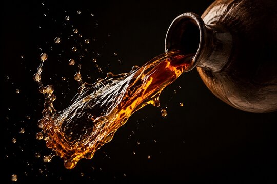 Dark amber liquid pouring from a flagon in a dynamic splash.