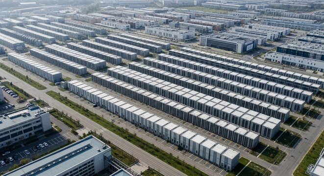 Vast hyperscale data center complex with rows of server containers, aerial view of modern technological infrastructure