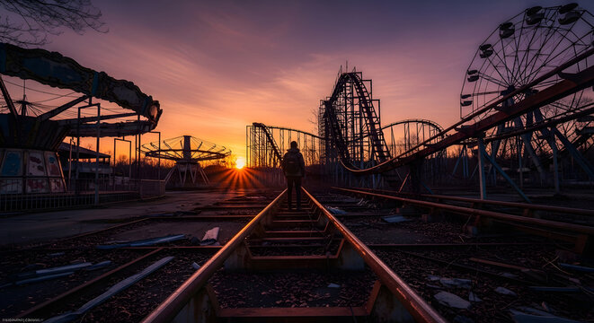 Silhouette of a person on abandoned roller coaster at sunset