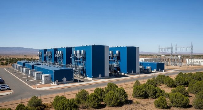 Vast Hyperscale Data Center Facility with Blue Modern Architecture Under a Clear Sky