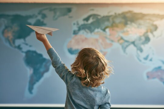 Child Holding Paper Airplane Facing Giant World Map