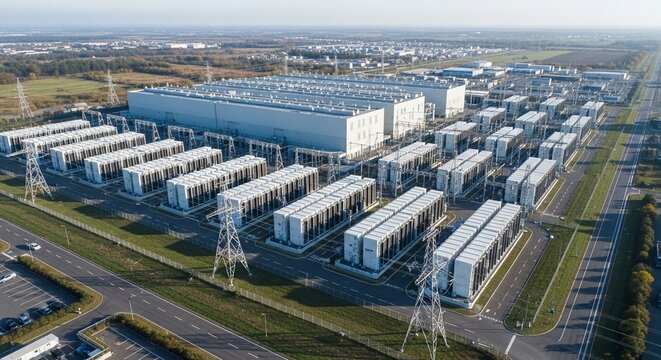 Vast hyperscale data center facility with rows of servers and electrical infrastructure under a clear sky.