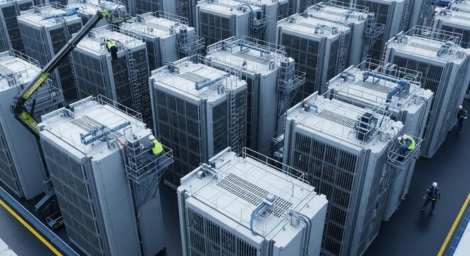 Vast Hyperscale Data Center Facility with Rows of Server Racks and Cooling Units, Representing Massive Digital Infrastructure