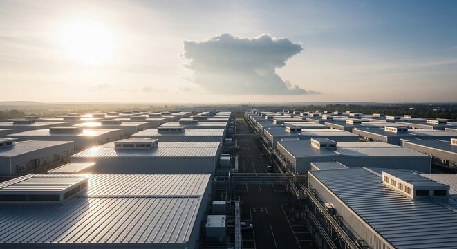 Vast Hyperscale Data Center Infrastructure Under Dramatic Cloud Formation at Sunrise