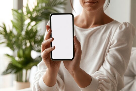 Woman Displaying Blank Phone Screen Close Up