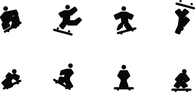 Skateboarder silhouette icons set showing various skateboarding tricks, stunts, and active poses on a clean white background