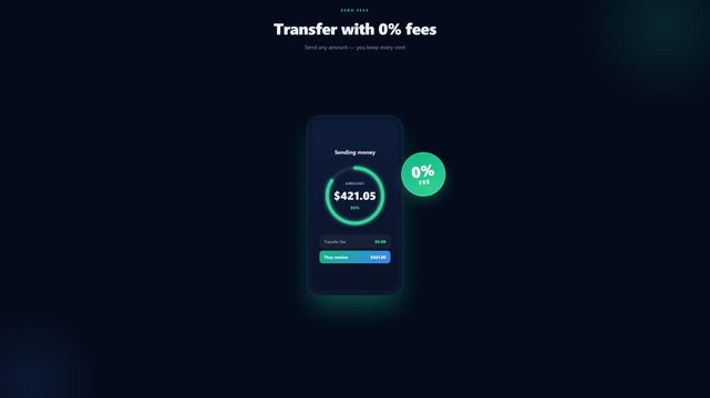 Mobile app interface showing digital money transfer with zero fees