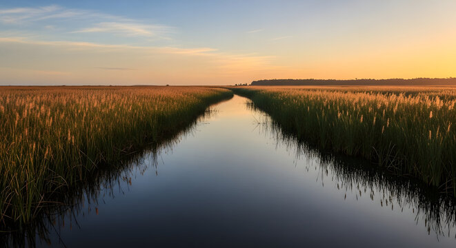 Tranquil water canal through grassy marsh under golden sunset skies