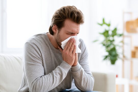 Young Man Sneezing Into Paper Tissue
