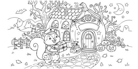 Obraz premium Halloween squirrel holding basket. Vector illustration of a cute squirrel in a spooky scene. A cute squirrel holds a basket in a spooky Halloween scene with a house, jack-o-lanterns, and trees.