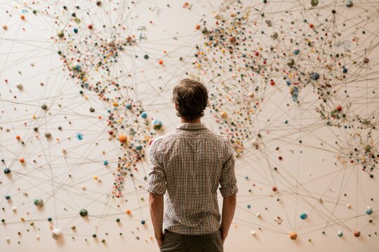Man Planning Ideas on Giant Wall With Pins