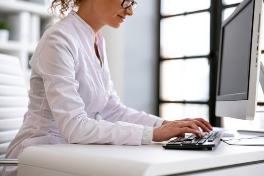 Healthcare Professional Using Computer at Clinic Desk
