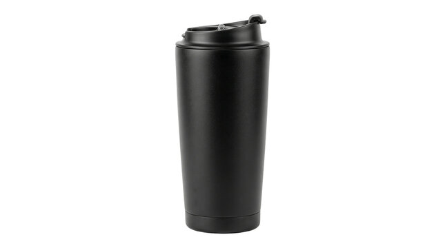 Black travel mug with a secure lid and a non-slip base, ready for hot or cold beverages on the go.