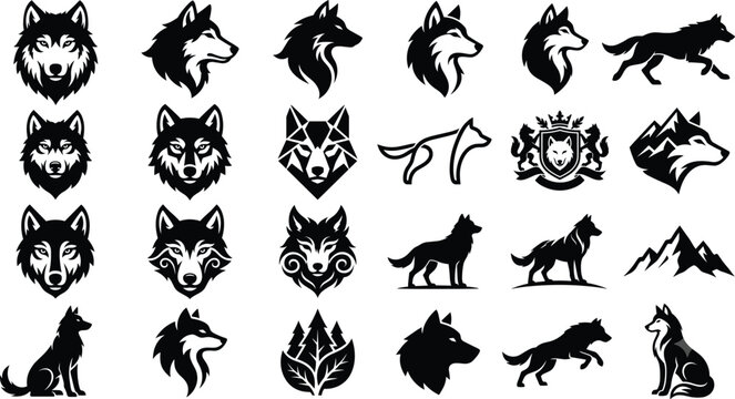 Wolf logo and silhouette collection with wolf head icons badges and wildlife elements on white background