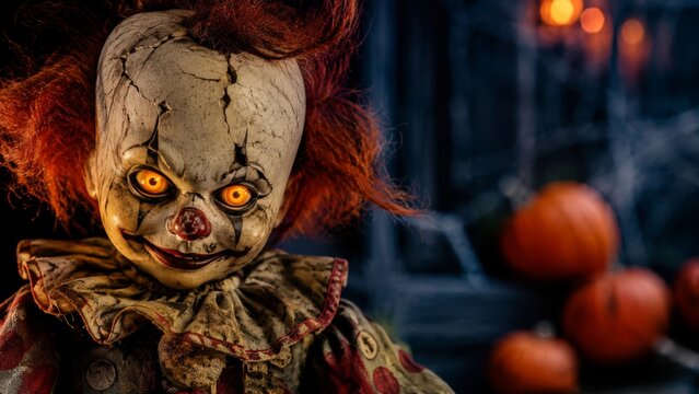 A creepy marionette clown with glowing eyes and a terrifying smile on Halloween night, set against a backdrop of sinister holiday decorations.