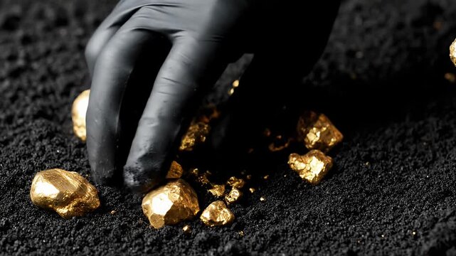Gloved hand collecting raw gold from dark soil.