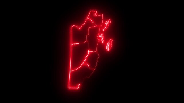 map of Belize with a red glowing neon effect on black background.