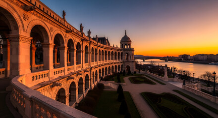 Fototapeta premium Architectural promenade at sunset with river and city skyline