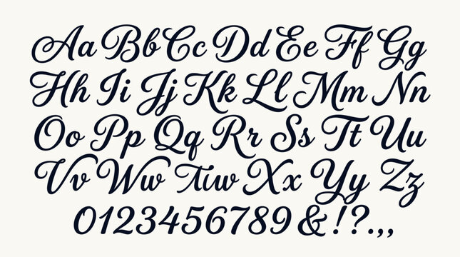 Cursive alphabet and numbers typography.