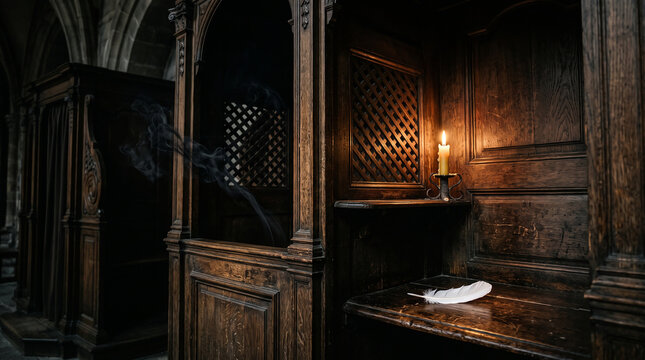 Ray of Light in Confessional Booth: Ornate Wooden Chamber with Candle in Dim Church