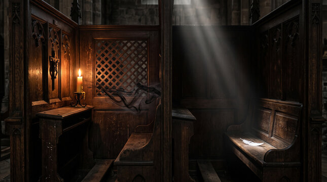 Ray of Light in Confessional Booth: Ornate Wooden Chamber with Candle in Dim Church