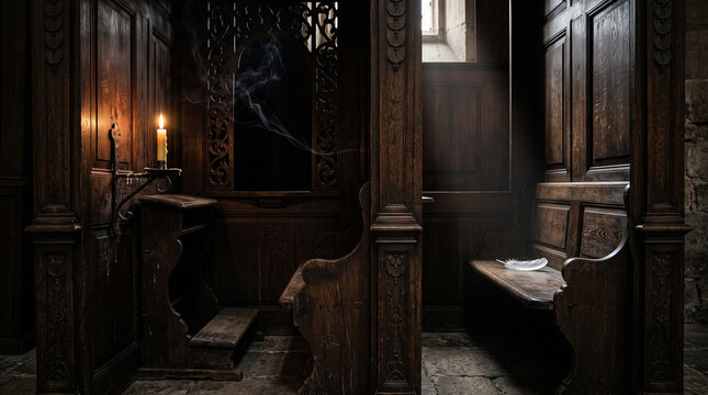 Ray of Light in Confessional Booth: Ornate Wooden Chamber with Candle in Dim Church