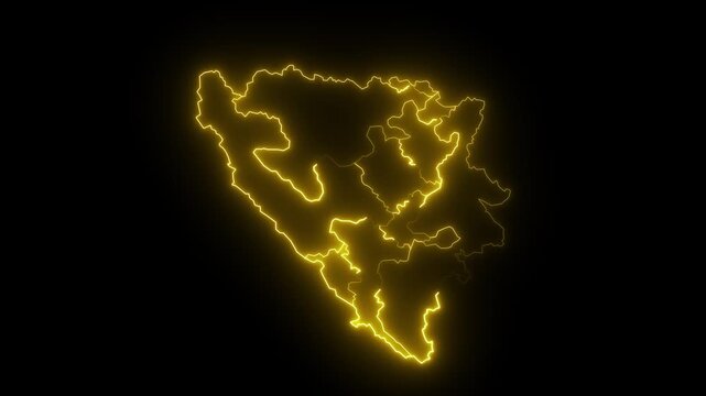 map of Bosnia and Herzegovina with a yellow glowing neon effect on black background.