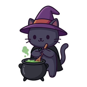 Cute cartoon black cat wizard stirring a magic potion in a black cauldron wearing a purple hat and cloak on a white background for Halloween decor