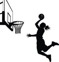 Obraz premium Basketball Hoop Net and Silhouette Basketball Player Jumping for a Shot on Plain Background Sport Icon