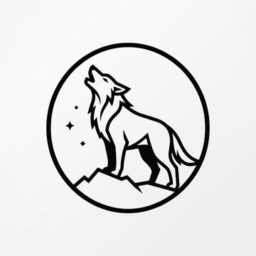 Minimalist black and white howling wolf logo inside a circle