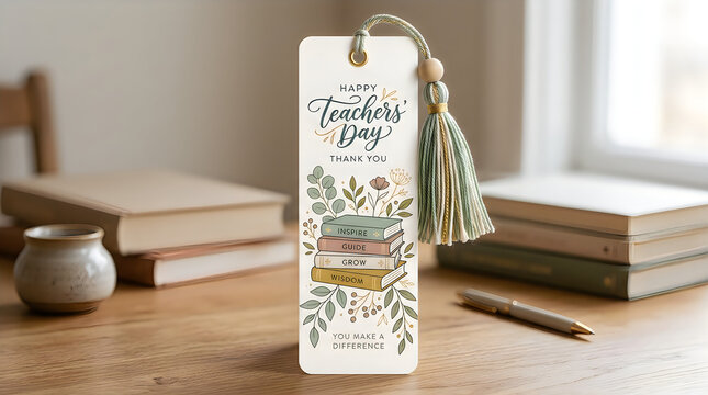 Teachers day bookmark with floral design and stack of books appreciation gift idea