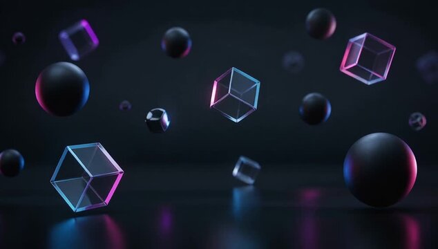 Abstract looping seamless geometric composition with floating cube and sphere dark neon light, futuristic 3d render, glossy reflection, pink blue glow, background motion, SEO friendly abstract