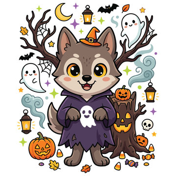 Cute wolf werewolf wearing witch hat and ghost costume for halloween.