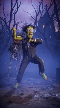 Funny 3D animation of Frankenstein monster dancing with skeletons, zombies and pumpkins in spooky night cemetery. Humorous Halloween character in scary foggy graveyard.