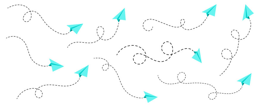 Set of paper plane dotted line with location icon. Origami paper airplane, Travel symbol, Airplane Route Line Icons. Dashed Flight Path and Paper Plane Vector Set.