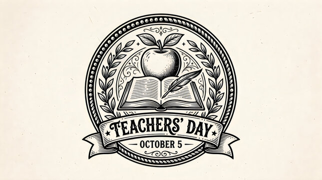 Vintage teachers day emblem with apple open book quill and laurel wreath illustration