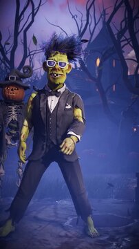 Funny 3D animation of Frankenstein monster dancing with skeletons, zombies and pumpkins in spooky night cemetery. Humorous Halloween character in scary foggy graveyard.