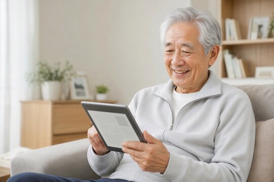 自宅でタブレットを見ながらオンライン体操をするシニア女性