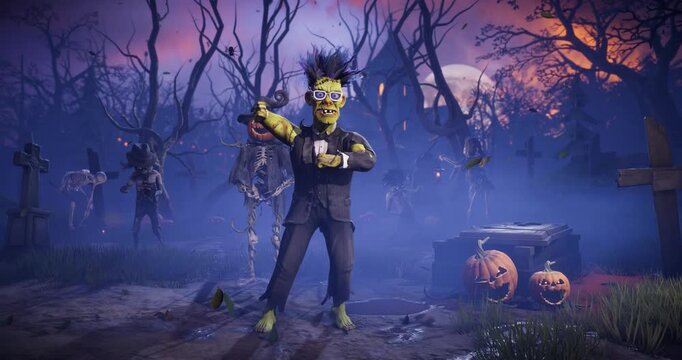 Funny 3D animation of Frankenstein monster dancing with skeletons, zombies and pumpkins in spooky night cemetery. Humorous Halloween character in scary foggy graveyard.