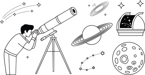 Astronomy space science vector icon set featuring astronomer telescope planet observatory moon and cosmos outline graphics © Sukhi
