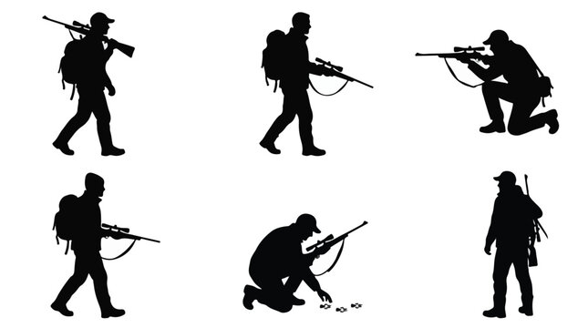 Poacher walking with backpack and gun silhouette
