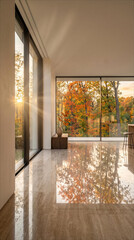Obraz premium Modern Minimalist Living Room Interior with Floor to Ceiling Glass Windows Overlooking Vibrant Autumn Forest Landscape Golden Hour Sunset Sunlight Reflecting on Polished Travertine Marble Flooring